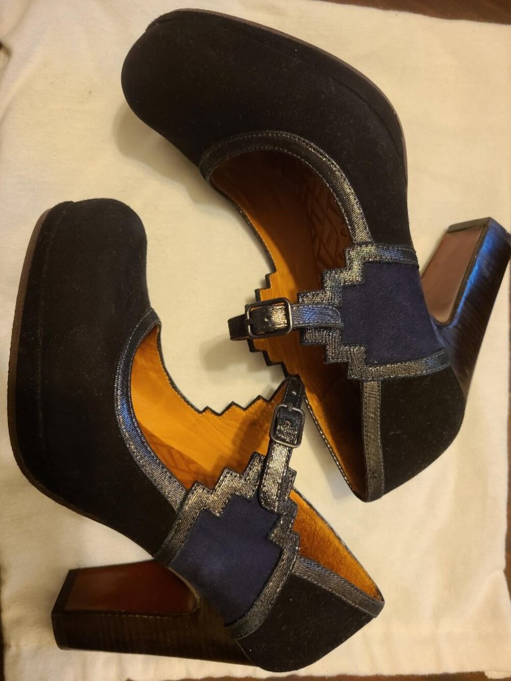 Chie Mihara "Rou" Suede Geometric T-Strap Mary Jane Platform Pumps - Sz 37